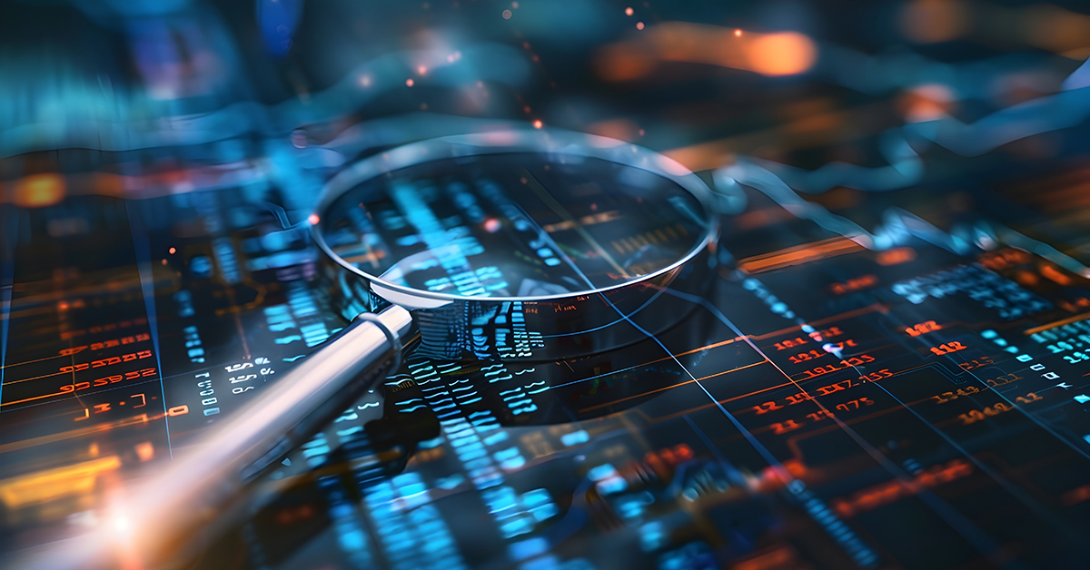 A static computer-generated image of a magnifying glass lying across a horizontal financial data screen.